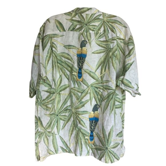 Tommy Bahama XL Linen Hawaiian Camp Shirt Parrot Bird Palm Leaf Tropical Aloha - Picture 3 of 7